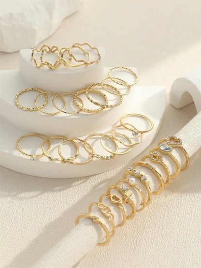 28pcs Fashion Ring Set for Women Heart Shaped Design Geometric Bohemian Element Accent Ring Daily Wear Dating Party Jewelry 2025