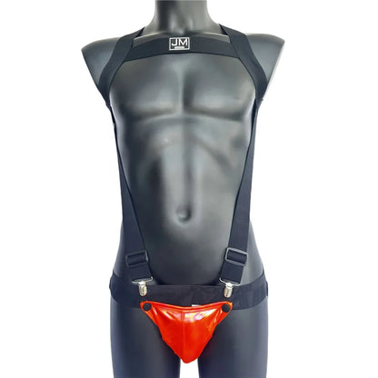 Sets Men Bodysuit Suspender Jumpsuits Nylon Jock Strap Harness Gay Underwear Jockstrap Laser Faux Leather Removable Penis Pouch