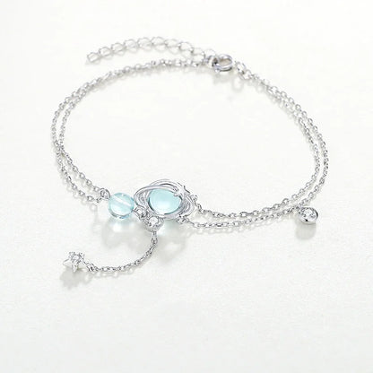 925 Sterling Silver Aquamarine Bracelet | Elegant Double Charm Bracelet for Women