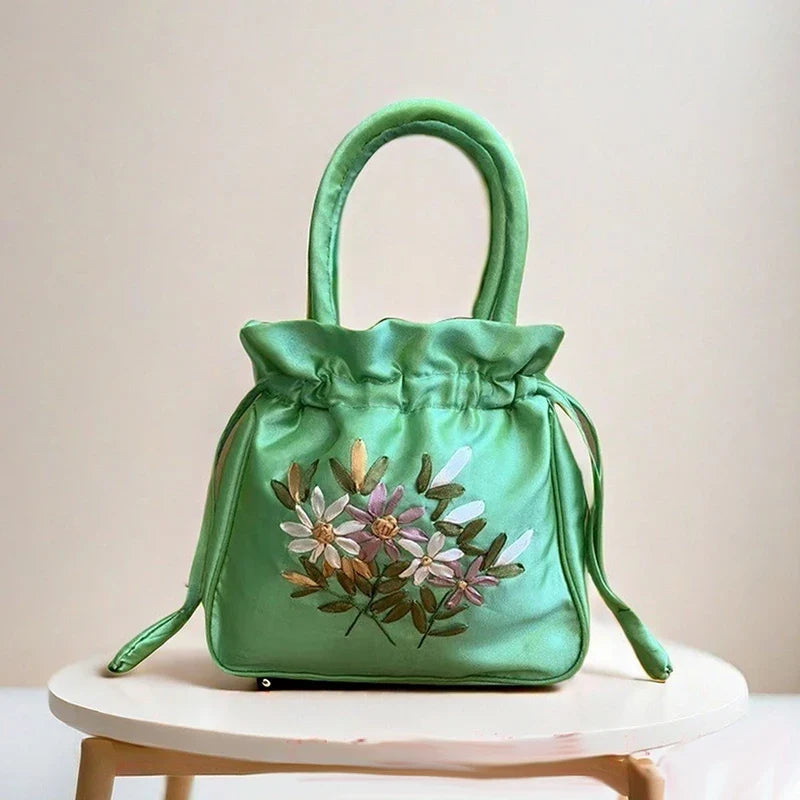ZTBBAO Embroidered Flower Bucket Bag | Small Top Handle Handbag for Women
