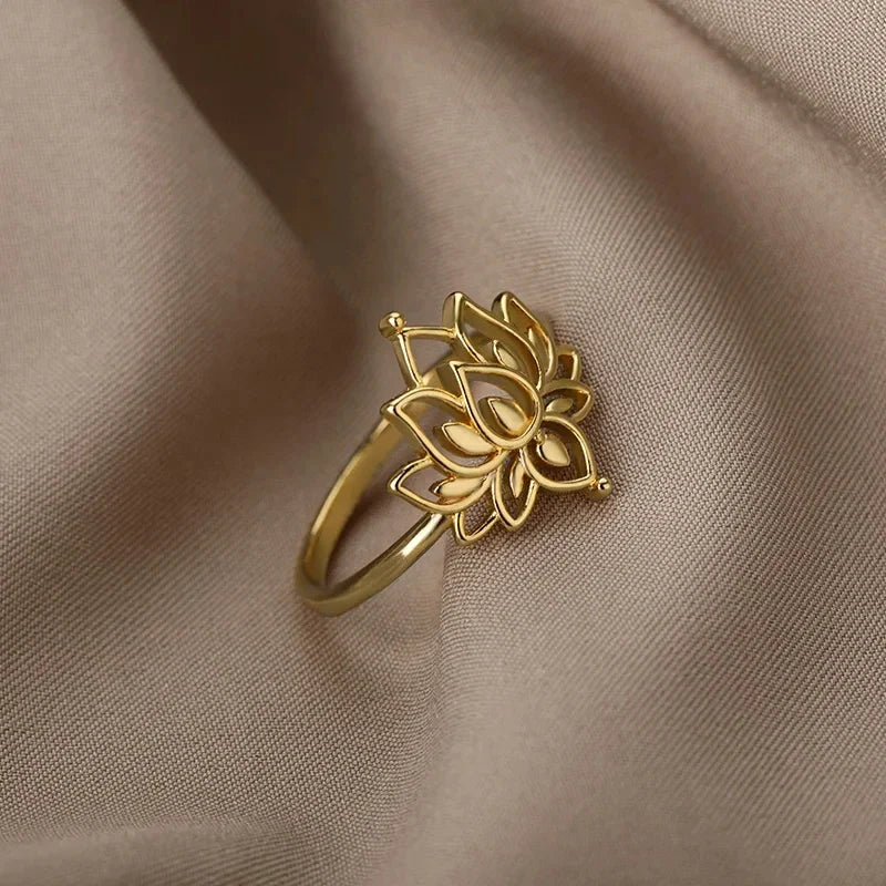 Lotus Flower Rings For Women Stainless Steel Gold Color Hollow Out Ring Fashion Wedding Party Aesthetic Jewelry Gift anillos