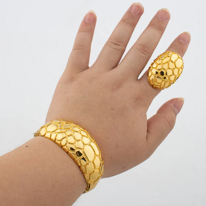 Leopard Design Bangle and Ring Jewelry Set Gold Plated African Bracelet Adjustable Ring Weddings Bridal Jewelry Accessories
