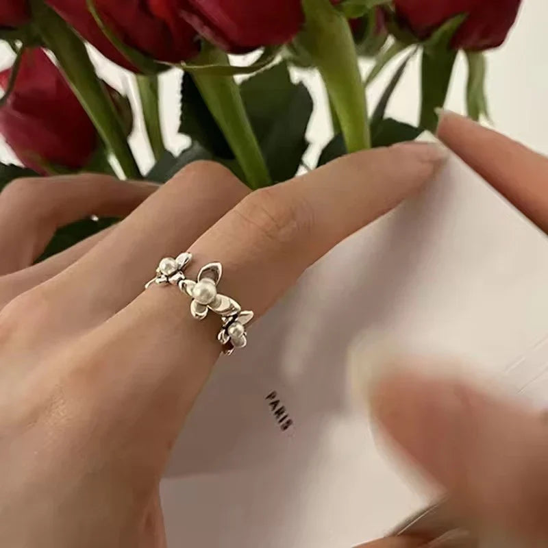 PANJBJ 925 Sterling Silver Pearl Irregular Ring | Women Shell Overlapping Hollow Sweet Design Jewelry