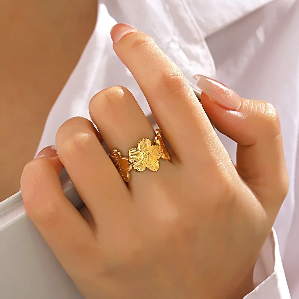 Stainless Steel Flower Adjustable Opening Rings 18k Gold PVD Plated Waterproof Finger Jewelry For Women Wedding Exquisite Gifts