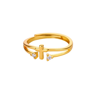 Zircon Cross Rings For Women Gold Color Stainless Steel Crystal Cross Adjustable Ring Religious Wedding Christmas Jewelry Gift