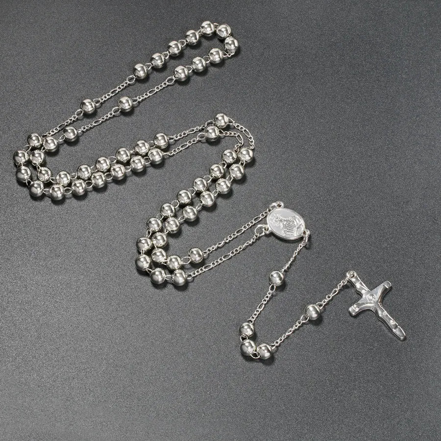 6MM Metal Beads Rosary Necklaces For Women Men Long Chain Crucifix Cross Pendant Necklace Religious Praye Jewelry