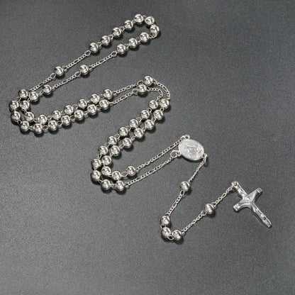 6MM Metal Beads Rosary Necklaces For Women Men Long Chain Crucifix Cross Pendant Necklace Religious Praye Jewelry
