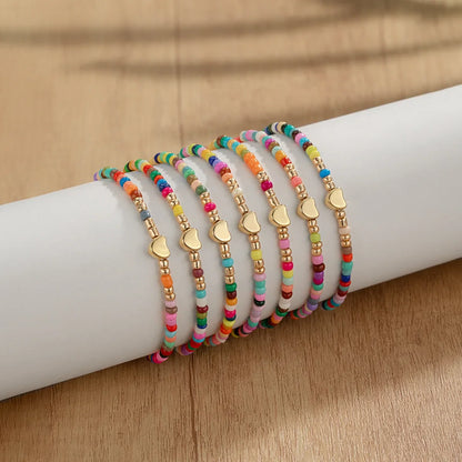 7Pcs Colorful Rice Beads Bracelet Set For Women Fashion Heart Charm Elastic Beaded Chain Bangle Female Trendy Jewelry Gift