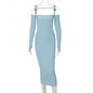 ibbed Solid Slash Neck Slip Long Sleeves Bodycon Mini Dress Streetwear Y2K