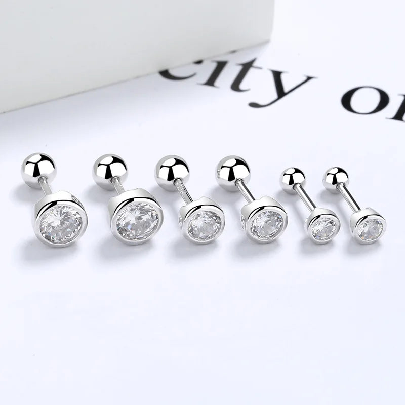 925 sterling silver zircon round bead threaded stud earrings, women's screw twist-off stud earrings, simple and fashion