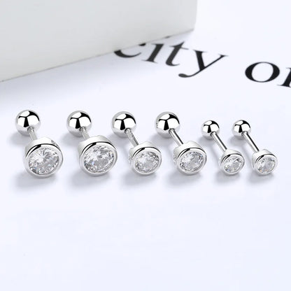 925 sterling silver zircon round bead threaded stud earrings, women's screw twist-off stud earrings, simple and fashion