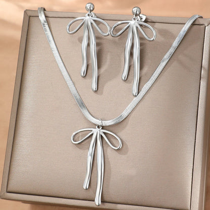 Aomogo Stainless Steel Set Luxury Fashion Bow Tie Pendant Snake Bone Chain Earrings Necklace Set for Women Jewelry Daily Match