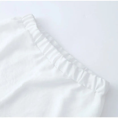Women's Solid Cotton Linen Ruffle Shorts Suit V-neck Long Sleeve Drawstring Loose 2 Pieces Set