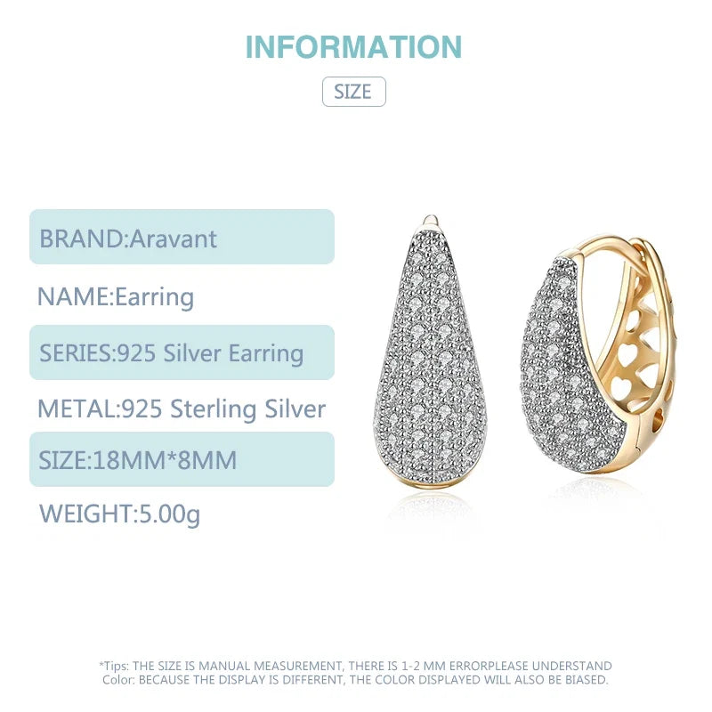 Aravant 925 Silver 18K Gold Zircon Crystal Hoop Earrings For Women Wedding Fashion Jewelry