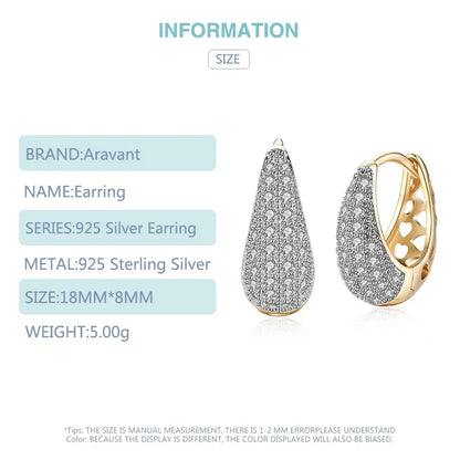 Aravant 925 Silver 18K Gold Zircon Crystal Hoop Earrings For Women Wedding Fashion Jewelry