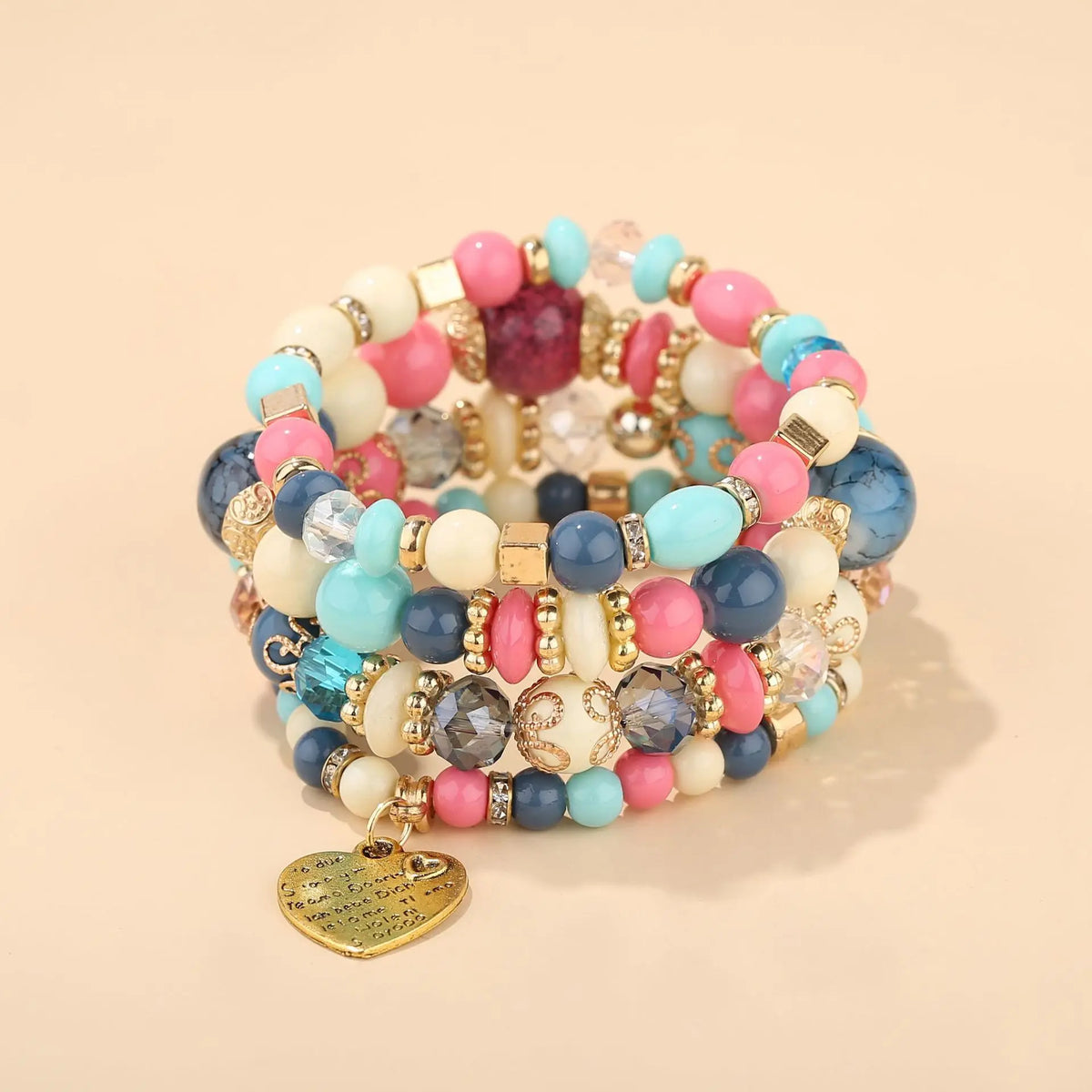 4Pcs Boho Crystal Beads Chain Bracelet Set For Women Vintage Heart Charm Elastic Bangle Female Fashion Party Jewelry
