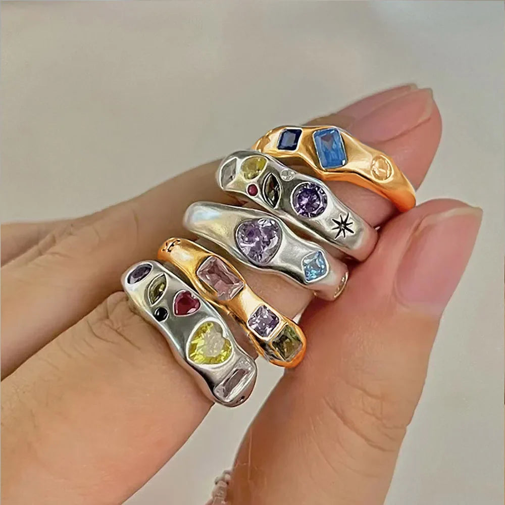 Zircon Square Finger Rings for Women Gold Color Irregular Stainless Steel Ring Engaement Wedding Aesthetic Jewelry Girls Gift