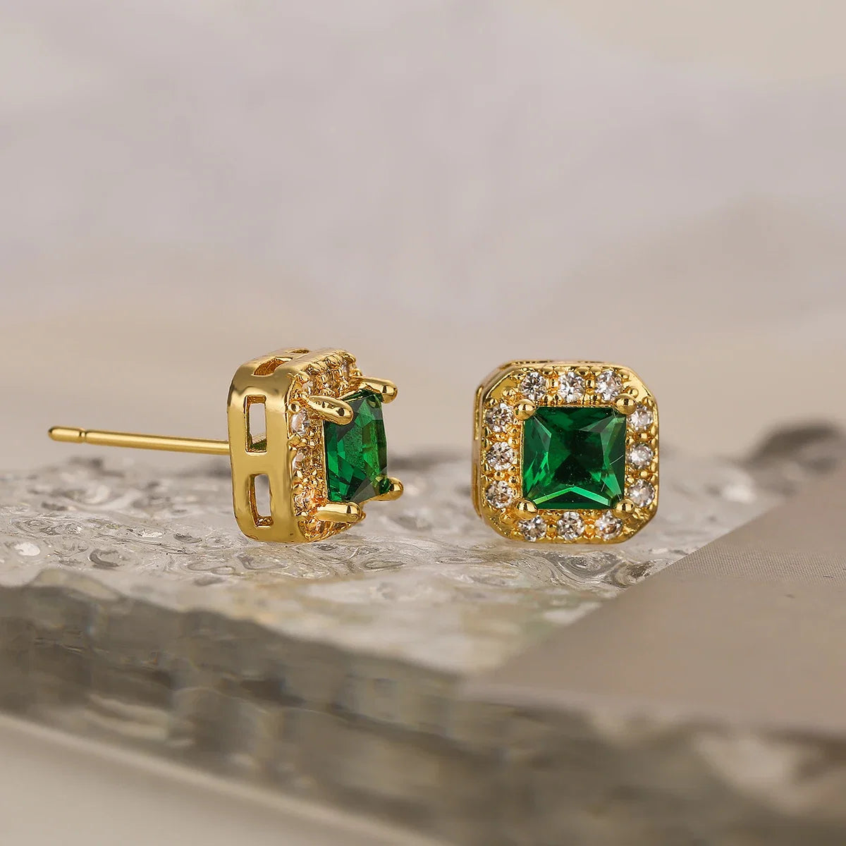 NEWBUY Red/White/Blue/Pink/Green 5 Colors Crystal Square Stud Earrings For Elegant Women Gold Color CZ Wedding Jewelry