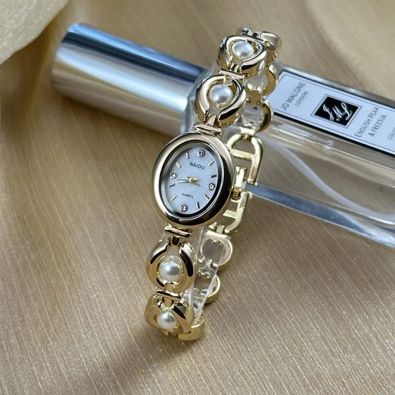 Luxury Pearl Inlaid Bracelet Watch Fashion Women Quartz Watch Brand Oval Dial Dress Wristwatches Dropshipping Relojes Para Mujer