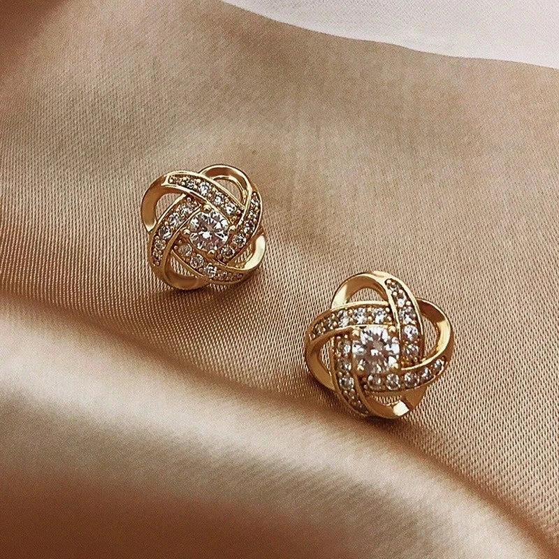14k Gold Zircon Pearl Twist Stud Earrings | Luxury Women's Jewelry