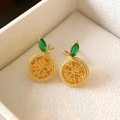 Yupsk Korean Cute Orange Lemon Fruit Stud Earrings for Women Girls Delicate Yellow Cubic Zirconia Fashion Daily Ear Accessories