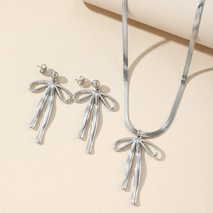 Aomogo Stainless Steel Set Luxury Fashion Bow Tie Pendant Snake Bone Chain Earrings Necklace Set for Women Jewelry Daily Match