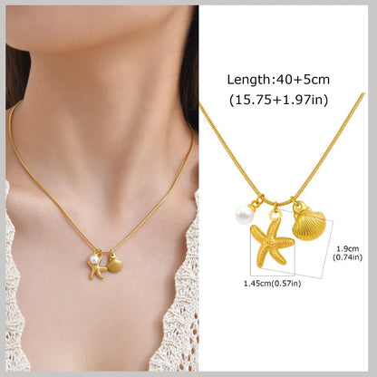 18k Gold Plated Pearl Shell Starfish Necklace | Summer Beach Jewelry for Women