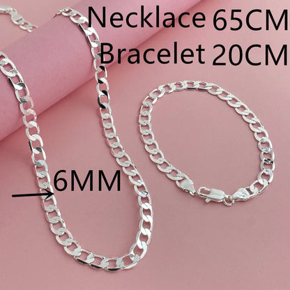 925 Sterling Silver 6mm Cuban Link Necklace and Bracelet Set | Unisex Classic Jewelry