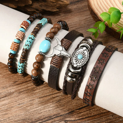 Western Denim style fashion men's leather bracelet skull cow head zinc alloy accessories 6-piece cowhide bracelet