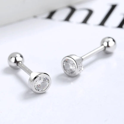 925 sterling silver zircon round bead threaded stud earrings, women's screw twist-off stud earrings, simple and fashion