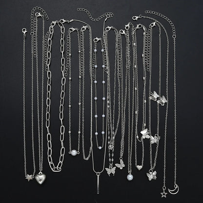 13Pcs/Set Simple Temperament Necklace Set Butterfly Pearl Heart Star Zircon Silver Color Necklace for Women Fashion Jewelry Gift