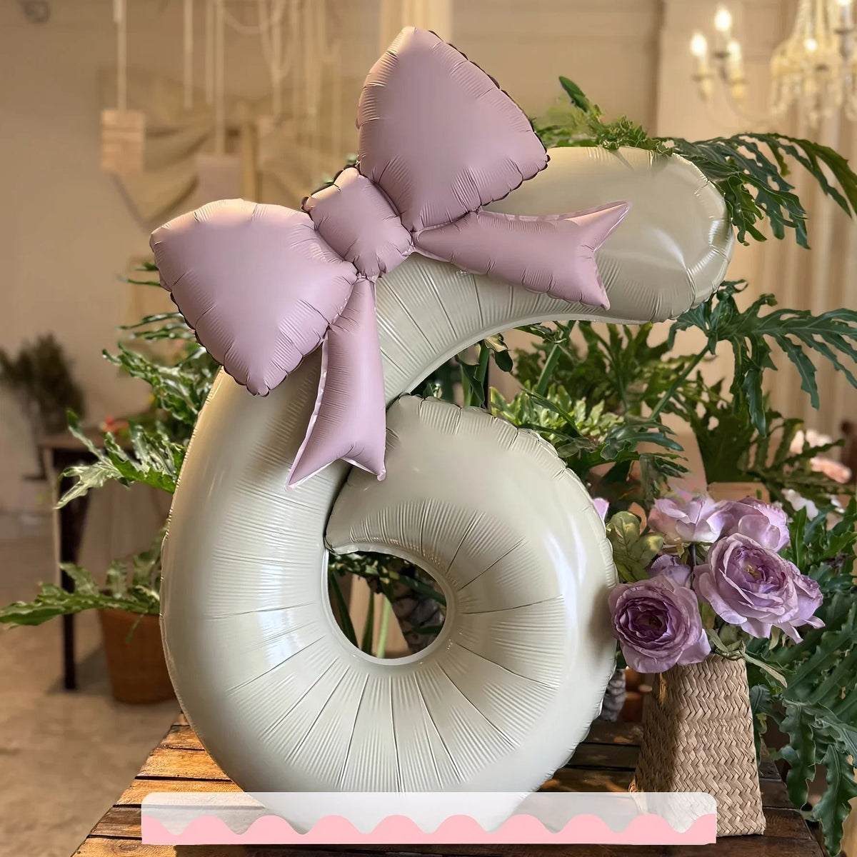 2 Pcs 32 Inch Cream Digital Balloon Set with Pink Bow | Aluminum Foil Party Decor