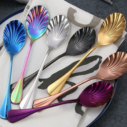 Shell Shape Stainless Steel Spoon with Long Handle | Dessert Spoon and Ice Cream Scoop
