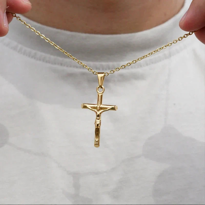 Classic Jesus Cross Necklace 18K Gold Plated Stainless Steel Religious Jewelry Polished & Durable for Men Women Christians