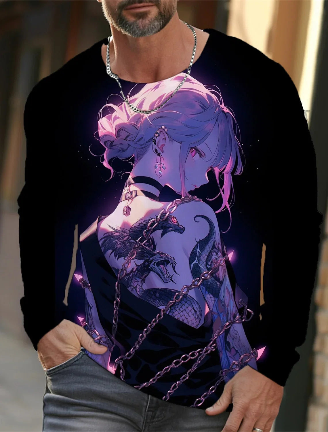 2024 new men's long-sleeved T-shirt 3D printing HD anime tattoo beauty printing men's autumn tops casual round neck home clothes
