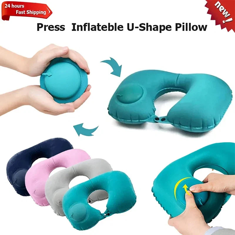 Portable Inflatable U-Shaped Neck Pillow for Travel | Press-Inflatable Neck Support with Built-In Storage