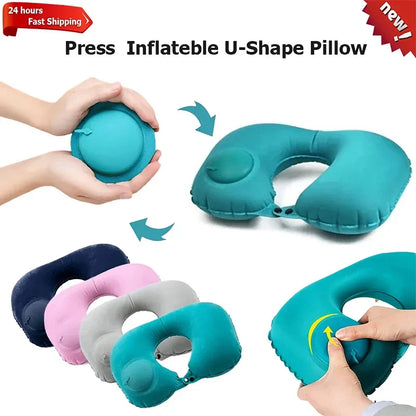 Portable Inflatable U-Shaped Neck Pillow for Travel | Press-Inflatable Neck Support with Built-In Storage
