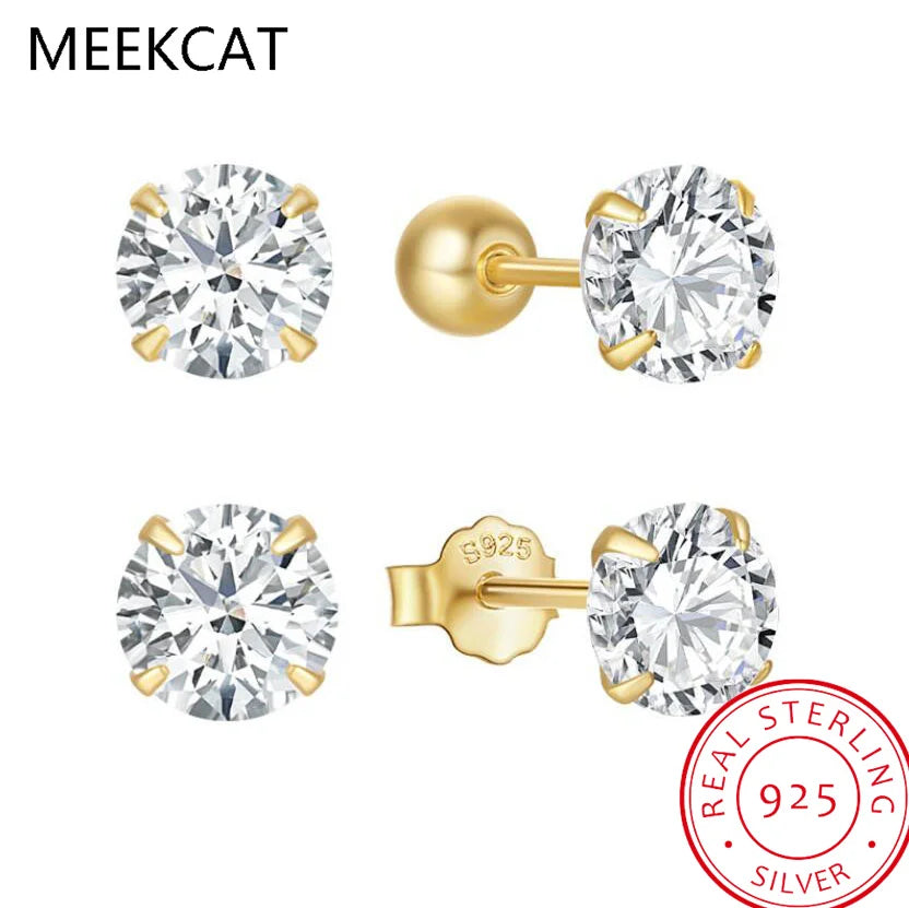 18K Gold Over Silver Moissanite Stud Earrings | Screw Back Safety Earrings for Women Men