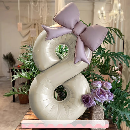 2 Pcs 32 Inch Cream Digital Balloon Set with Pink Bow | Aluminum Foil Party Decor