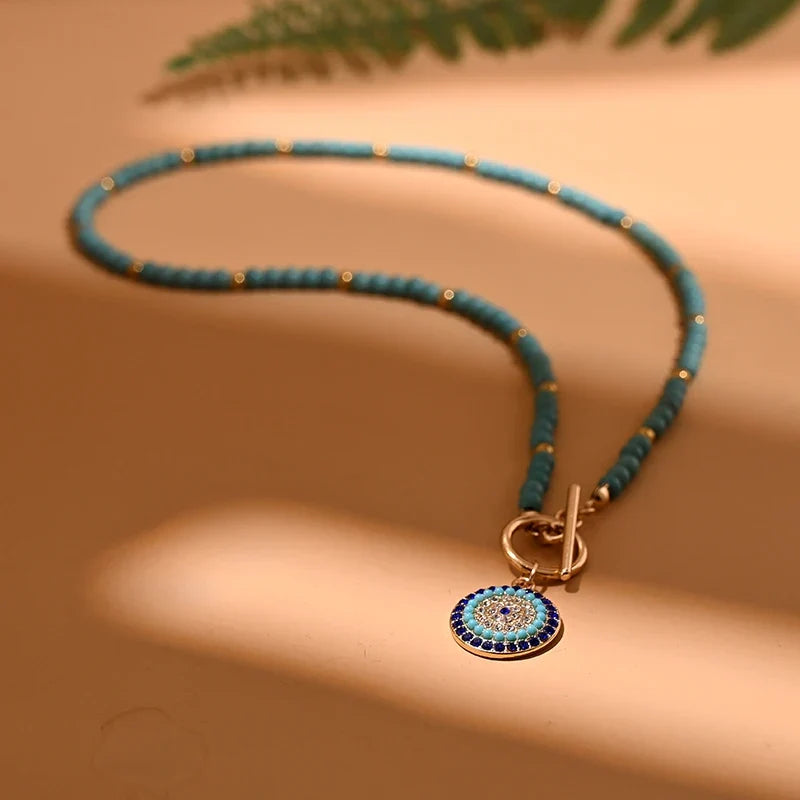 4mm Colorful Stone Choker Necklace for Women | Round Evil Charm Pendant