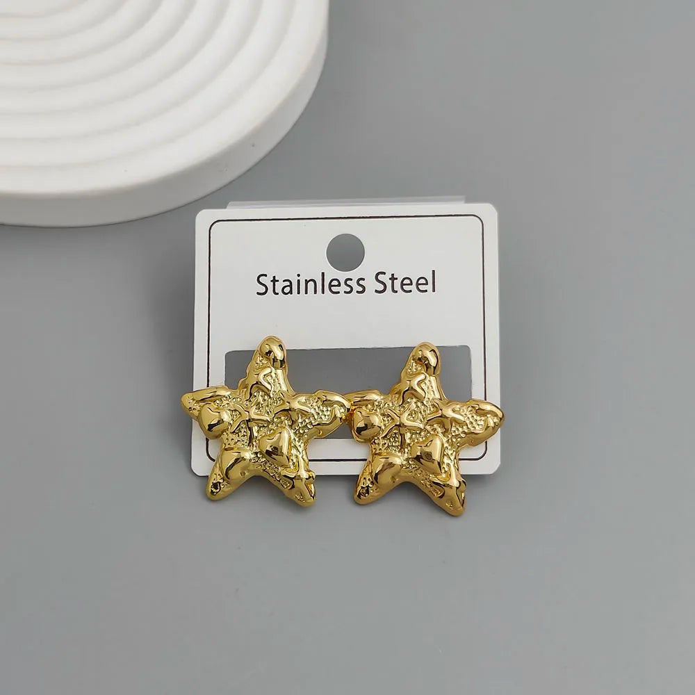 Creative heavy metal pentagonal star leaves stainless steel earrings, waterproof and rusty-free women's earrings, party jewelry