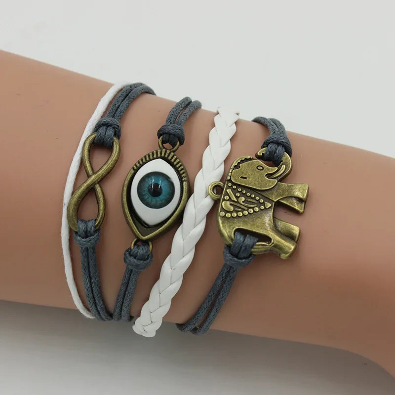 Handmade Braided Wax Cord Infinity Bracelet Ancient Evil Eye Elephant Bracelet