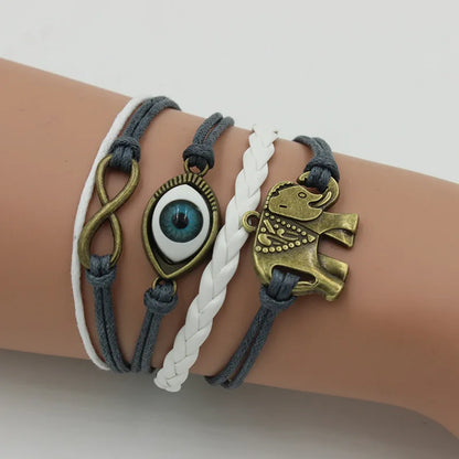 Handmade Braided Wax Cord Infinity Bracelet Ancient Evil Eye Elephant Bracelet