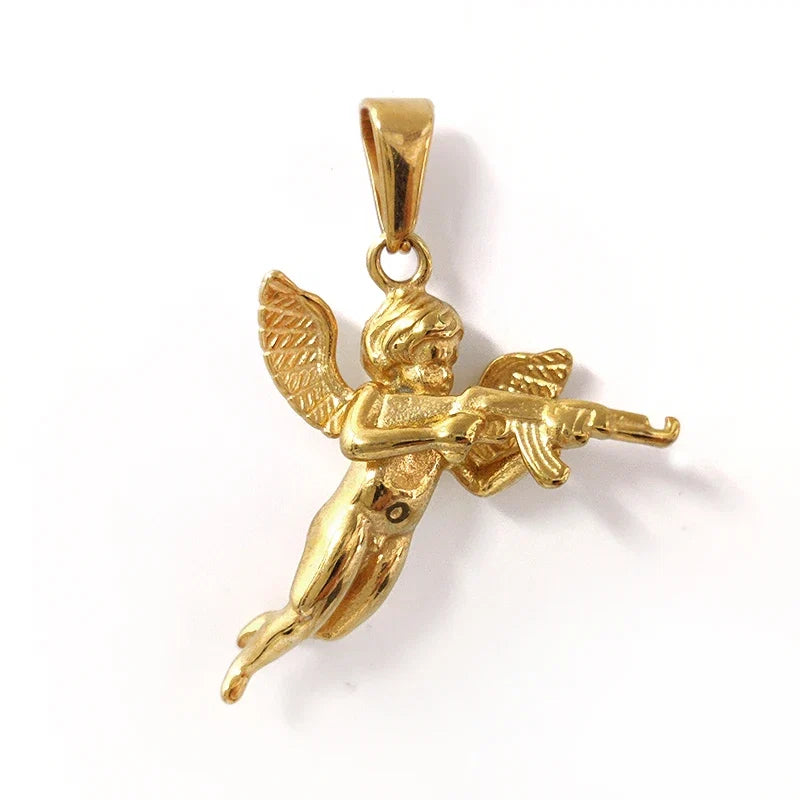 3D Angel with Gun Pendant Necklace for Men - 18K Gold Plated & 316L Steel Rope Chain Hip Hop Gothic Jewelry Gift Cupid's Reveng