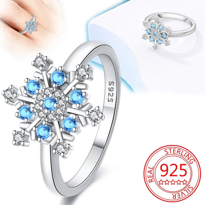 925 Sterling Silver Blue Zircon Snowflake Ring | Winter Christmas Wedding Party Jewelry