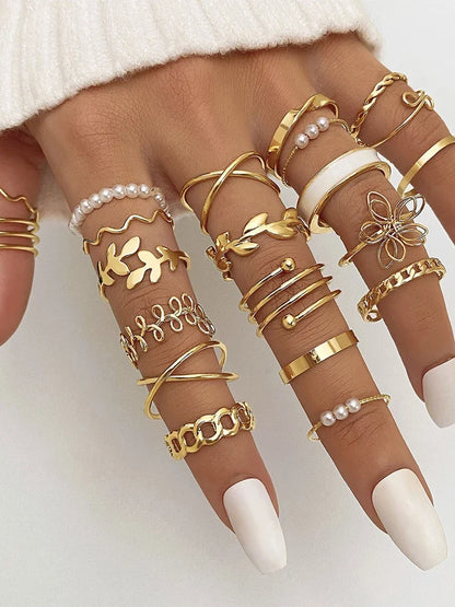 28pcs Fashion Ring Set for Women Heart Shaped Design Geometric Bohemian Element Accent Ring Daily Wear Dating Party Jewelry 2025