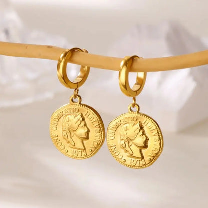 18K Gold Plated Portrait Coin Earrings | Stainless Steel Jesus Cross Dangle Huggie Earrings
