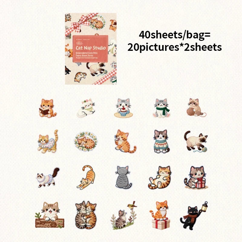 Kawaii Embroidered Fabric Pet Sticker Set | 40Pcs White Kraft Paper Journal Decor