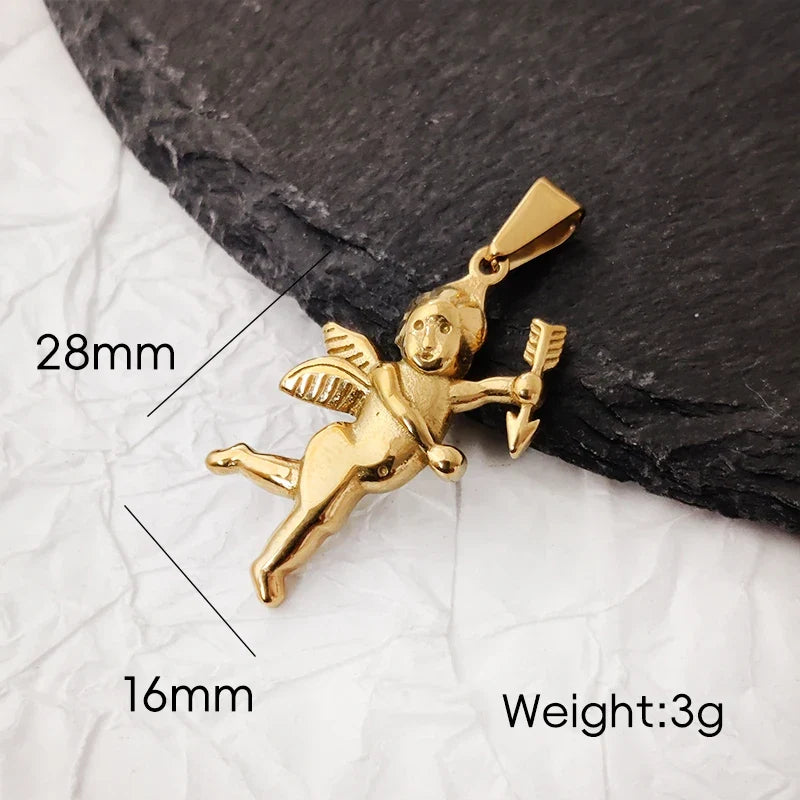 Vintage Stainless Steel Cupid Charm Pendant Necklace Waterproof 18K Gold Plated Necklace Unisex Jewelry Gift