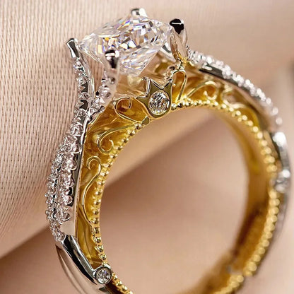 925 Sterling Silve Modern Fashion Princess CZ Two Tone Rings Luxury Bridal Wedding Unique Design Statement Jewelry for Women